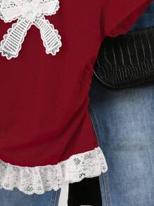 SHEIN 女士休闲圆领短袖T恤，带蝴蝶结贴花 - 紅色 - 查看 3