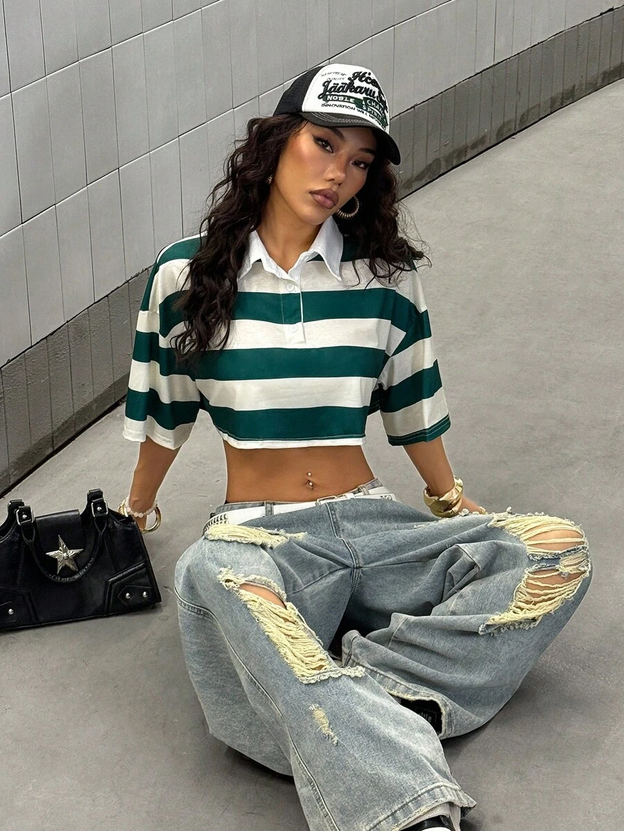 StreetHx Women's Navy Blue And Yellow Striped Streetwear Casual Commuter Short Sleeve Polo Top, Spring/Summer - Green - View 1