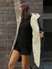 Livesso 女式束腰连帽绗缝拼布仿皮草衬里宽松夹棉外套冬季夹克 - 黑色 - 查看 8