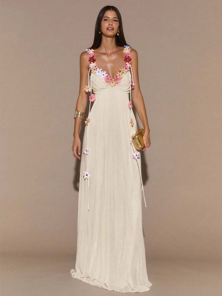 SHEIN BAE Vestido elegante de unicolor albaricoque con decoración floral 3D, ajuste ceñido de malla transparente, adecuado para vacaciones, playa, brunch, vestido largo elegante - Albaricoque - Añade 3