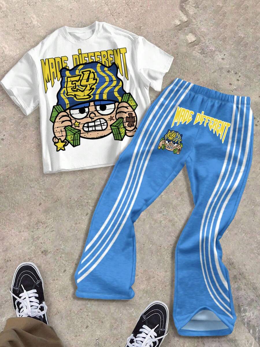 SHEIN Tween Boy 休闲风格涂鸦手绘字母嘻哈肖像运动街头风格 Y2K 圆领 T 恤和喇叭裤 2 件套,适合夏季 - 彩色 - 查看 1