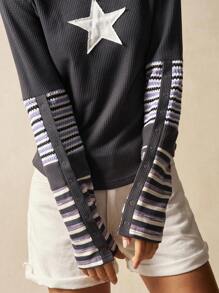 Bohemela 秋冬波西米亚风休闲针织拼布长袖圆领修身女式T恤 - 黑色 - 查看 4