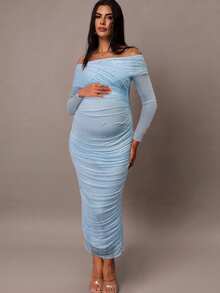 MaterniChic Women's Elegant Light Blue Open Shoulder Pearl Ruched Slim Fit Maternity Maxi Dress,Summer Pregnant Photoshoot Dress,Bump Friendly Bodycon,Maternity - Blue - View 3