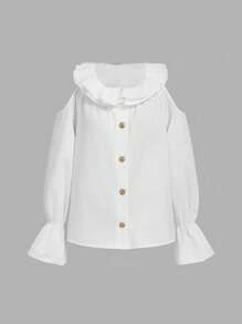 SHEIN MOD Women's Off-Shoulder White Lantern Sleeve Ruffle Collar, Long Sleeve Blouse, Back To School Shirt - White - View 2