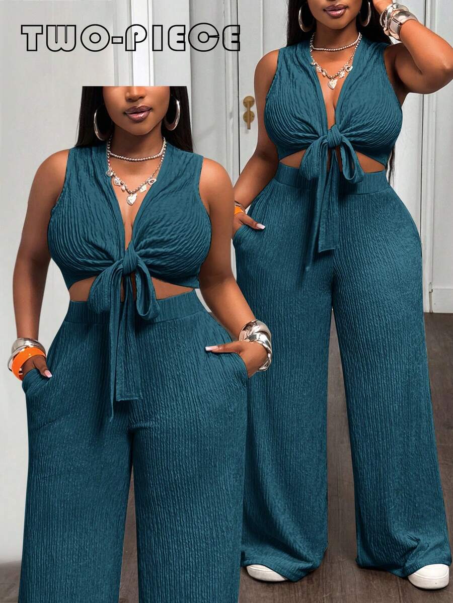 Slaydiva 2025 新款春夏大码女装复古西部/热带/音乐节/俱乐部/公路旅行/休闲/城市度假/毕业约会/优雅度假/日常基本款两件套 - 无袖短款系带上衣和高腰阔腿裤（带口袋） - 水鴨藍 - 查看 1