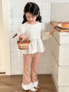 SHEIN Young Girls' Casual Ditsy Floral Round Neck Long Sleeve Top And Flare Pants Set Fall Winter - Multicolor - View 7