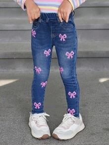 SHEIN 年轻女孩可爱蝴蝶结装饰蓝色牛仔毛绒衬里裤，羊毛加厚服装，女孩秋冬装 - 深色水洗藍 - 查看 5