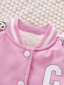 SHEIN Chaqueta casual de una hilera de botones con estampado de letras, de manga larga, de costilla, para niñas en otoño/invierno - Rosa - Ver 5