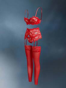 EmpressEnvy Conjunto de lencería sexy con decoración de lazo y encaje floral para salir - Burdeos - Ver 4