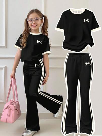SHEIN Happikins Vintage Collegiate Striped, Mini Bow Design Young Girl Casual Minimalist Black & Cream White Striped Loose Crew Neck Short Sleeve T-Shirt And Flare Pants 2 Pieces Set, Suitable For Summer, Summer Outfits For , Easy Comfort, Autumn Layers For Young Girl, Stylish Kids, Casual Wear, Back To School, Fall Clothes
