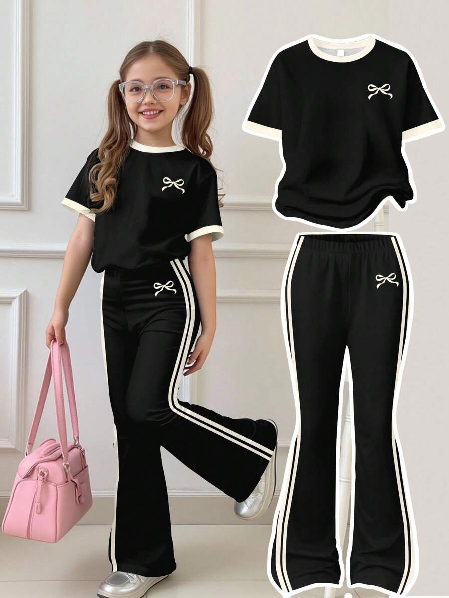 SHEIN Happikins Vintage Collegiate Striped, Mini Bow Design Young Girl Casual Minimalist Black & Cream White Striped Loose Crew Neck Short Sleeve T-Shirt And Flare Pants 2 Pieces Set, Suitable For Summer, Summer Outfits For , Easy Comfort, Autumn Layers For Young Girl, Stylish Kids, Casual Wear, Back To School, Fall Clothes