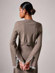 COSMINA 女士无袖蕾丝边针织连衣裙和开衫两件套 2 件套连衣裙搭配开衫套装 秋冬优雅 2 件套 - 棕色 - 查看 3