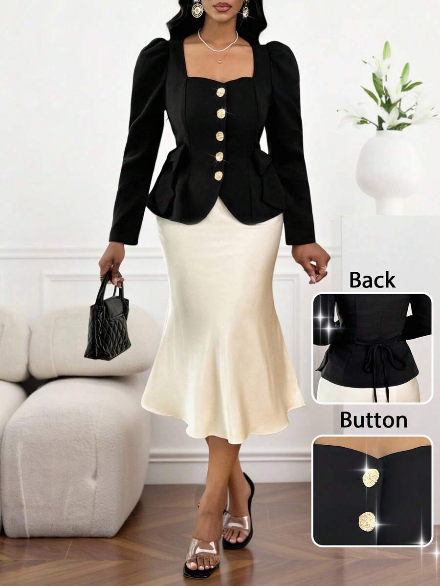 SHEIN Lady Women's Elegant Commuter Urban Puff Sleeves Sweetheart Collar Metal Trim Buckle Cinched Waist Tie Embellished Bow A Hem Blazer Solid Color To Wear In All Seasons Teacher Outfits For Women Business Casual Woman Office Outfits For Women Going Out Tops Western Wear Women In Fall/Winter - Black - View 1