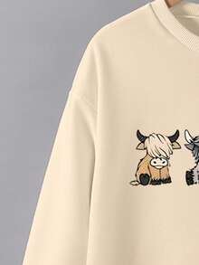 Tween Girls Cartoon Print Crew Neck Long Sleeve Sweatshirt - Khaki - View 3