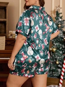 SHEIN Plus Size Faux Silk Christmas Graphic Print Lapel Short Sleeve Shorts Pajama Set