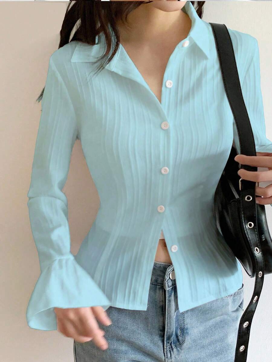 Teen Girls' French Waist Design Long Sleeve Flare Sleeve Ruffle Hem Casual Blouse, Suitable For Summer Daily Fashion Wear Fall Winter - Baby Blue - View 1