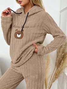 Women's Cartoon Letter Embroidered Hooded Sleepwear Top, Autumn/Winter