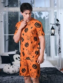 CoupledUp Conjunto de Pijama Casual Masculino com Estampa de Abóbora de Halloween, Manga Curta e Shorts - Laranja - Visão 4