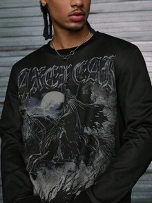 AXEPEAK 休闲复古印花宽松男士套头衫，适合秋冬 - 黑色 - 查看 3