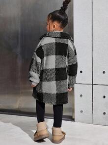 SHEIN 3 件套年轻女孩休闲格子双面羊毛保暖中长款夹克、长袖针织上衣和打底裤儿童冬季服装女童 - 灰色 - 查看 3