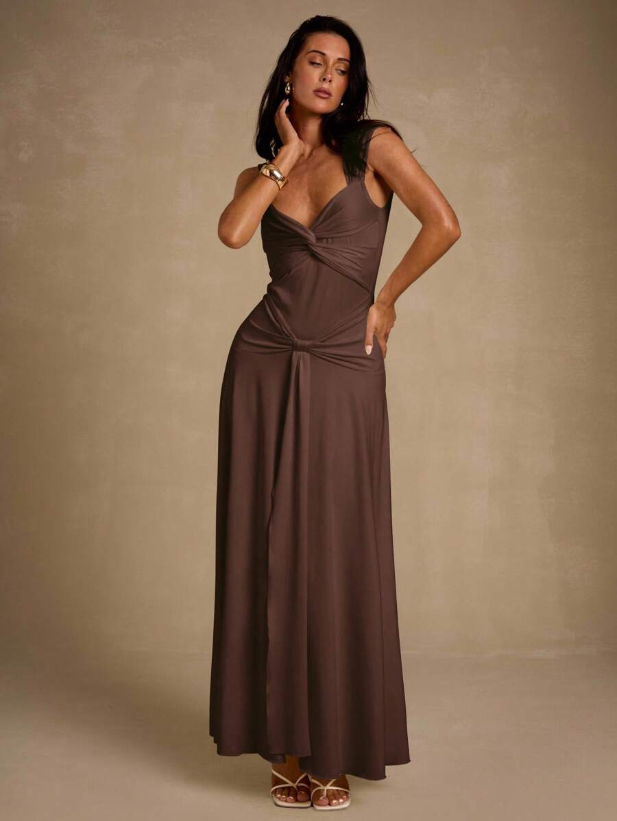 Glamine 女士优雅性感扭纹 V 领收腰长裙（浅黄色），适合派对、日常穿着、花园聚会 - 棕色 - 查看 1