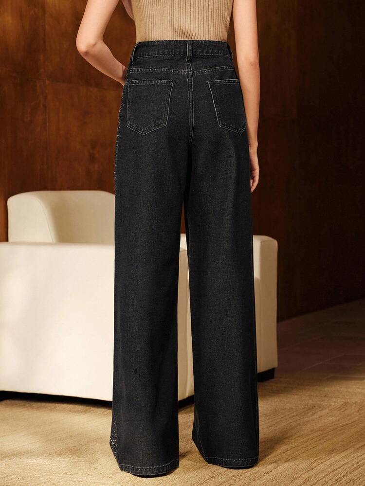 Women's New Rhinestone Embellished Black Straight Leg Jeans, Valentine's Day Edition