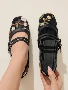 CUCCOO CHICEST Giày bệt mũi tròn thêu vải lưới màu đen thời trang thanh lịch tối giản thoải mái thoáng khí có dây khóa đôi cho nữ - màu đen - Xem 12