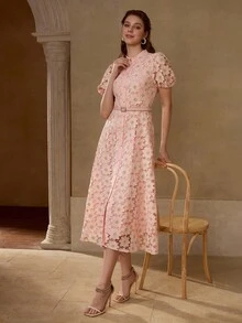 MOTF PREMIUM FLORAL EMBROIDERED STAND COLLAR PUFF SLEEVE FITTED WAISTBAND MID-CALF DRESS - Pink - View 5