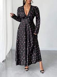 Elenzga Große Größen sexy & elegantes Ditsy Blumen Kleid mit tiefem V-Ausschnitt - Schwarz - Übersicht 5