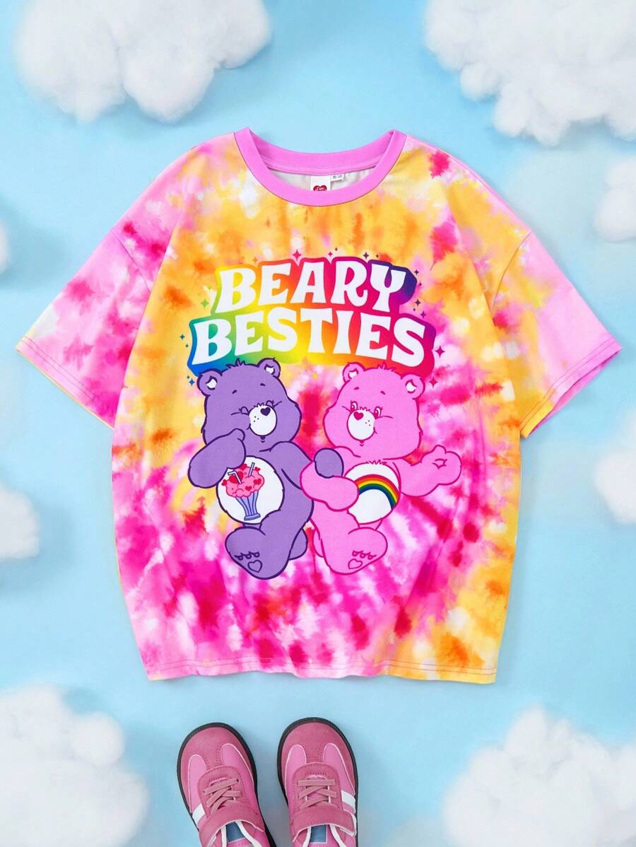 SHEIN X Care Bears Tween Girl Cute Cartoon Rainbow Bear Pattern Round Neck Loose Knit Short Sleeve T-Shirt