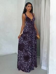 Glamine Leopard Floral Pattern Women Long Dress, Stretchy Jersey Fabric, Sexy Elegant Beach Sundress For Summer Holiday--Floral Pattern Random Fall Women Clothes Back To School Animal Print Dress Purple Dress Deep V Dress Snake Print Dress