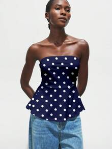 Maija 女式波尔卡圆点图案褶皱娃娃紧身吊带背心，时尚百搭都市商务休闲装，适合圣诞节、万圣节、派对、郊游 - 彩色 - 查看 4