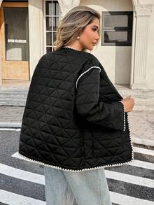 SHEIN Frenchy Women's Casual Contrast Trim Padded Coat, Autumn Winter, Chic Autumn , Fall For Women , Contrast Color Coat , Elegant Coat For Women, Going Out, Warmth Black