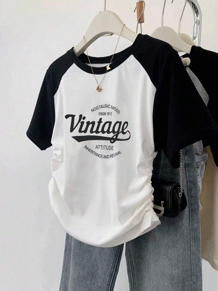SHEIN 新款修身撞色百褶插袖短袖女式T恤图案T恤女式上衣 - 黑與白 - 查看 1