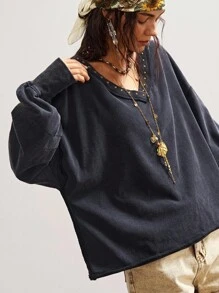 Bohemela 秋冬女士休闲纯色V领长袖宽松运动衫 - 黑色 - 查看 5