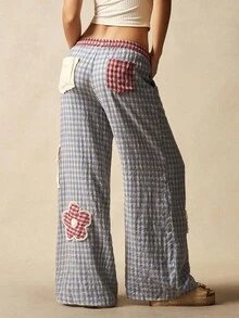 Bohemela 女式低腰格纹拼接宽松直筒裤，乡村度假风格，夏季 - 彩色 - 查看 6