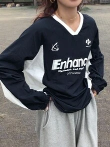 FRIFUL 女式海军蓝 V 领撞色字母印花插肩袖抽绳下摆宽松休闲百搭衬衫，秋季长袖上衣