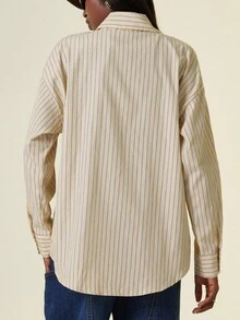 Aveloria GENKIRA Camisa de manga larga con bolsillo en el pecho a rayas de dos tonos, estilo de viajero para uso diario - Multicolor - Ver 2