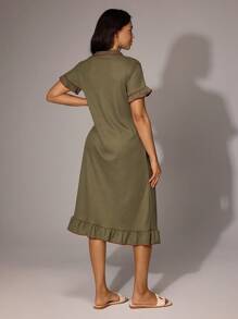 Lazeform 撞色翻领单排扣宽松休闲荷叶边短袖休闲连衣裙，Moo Moo - 橄欖綠 - 查看 2