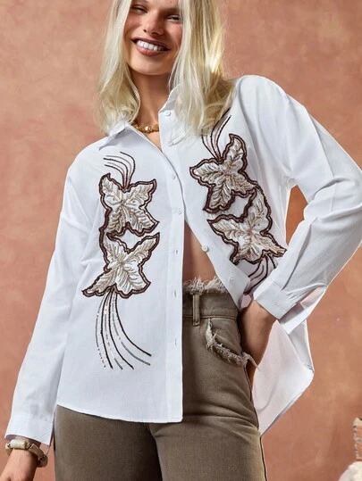 Bóhologie Floral Sequin Embroidery Detalied Long Sleeve Button-Up Shirt With Blue Circular Crochet Embroidery, Classic Collar, Stylish And Unique Design, Boho Collection, Luxury Design, Cotton Fabric Embroidered Shirt Women White Embroidered Blouse Butterfly Blouse Sequin Shirt Western Shirts For Women