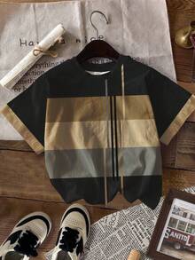 SHEIN 3 Pcs/Set Tween Boys Casual Graphic Print Geometric Patchwork Design Round Neck Short Sleeve T-Shirts, Fashionable For Summer