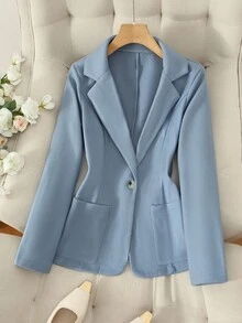 SHEIN Franclia 女士休闲通勤时尚优雅百搭修身宽松长袖外套，秋冬款 - 霧霾藍 - 查看 1