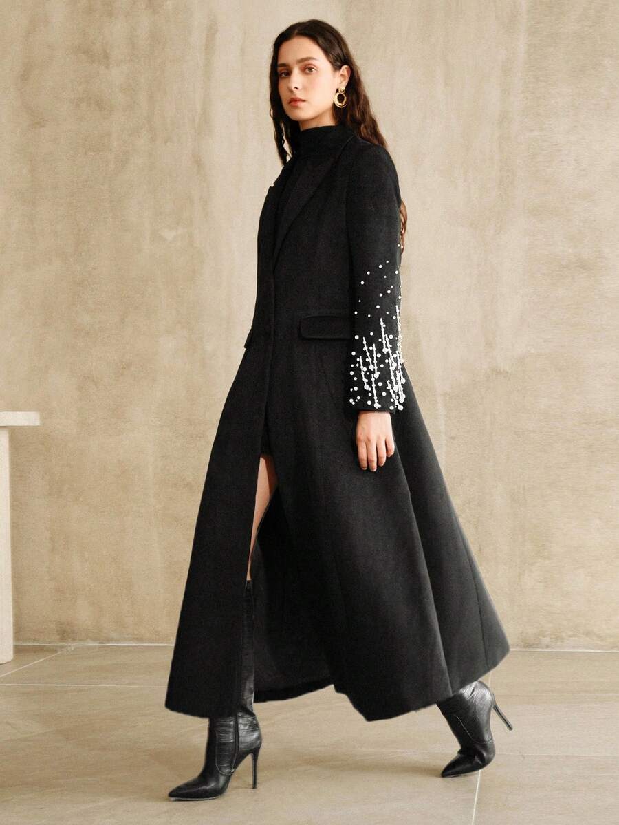 Anewsta New Elegant Beaded & Rhinestone Embellished Long Overcoat For Women, Suitable For Autumn, Fall, Winter, Formal Occasions, Parties, Chic, New Year, Christmas, Work, Graduation, Wedding, Luxury - Black - View 1