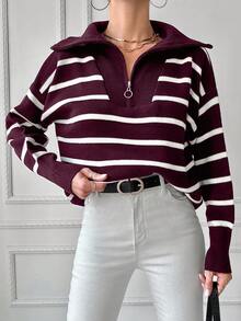EURMUSE Maglione a maniche lunghe con chiusura lampo e righe a contrasto per donna - Bordò - Visualizzare 4