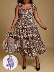 Hourglow 大码复古豹纹连衣裙，配有蝴蝶结肩带和多层 - 彩色 - 查看 1