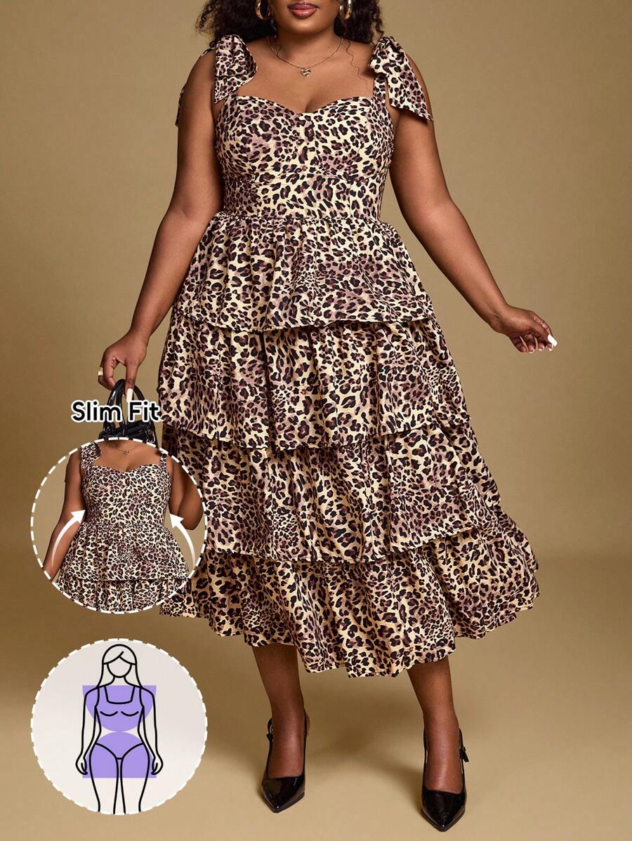 Hourglow 大码复古豹纹连衣裙，配有蝴蝶结肩带和多层 - 彩色 - 查看 1