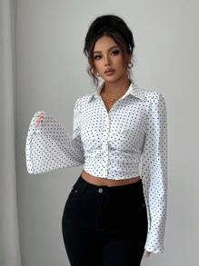 INAWLY Women's Elegant Casual Pleated Flare Sleeve Polka Dot Open Front Blouse, Suitable For Travel, Vacation, And Dates, Autumn/Winter Fall Cloth For Women - White - View 3