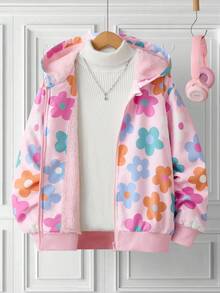SHEIN 少女花卉印花保暖连帽夹克，秋冬休闲装 - 彩色 - 查看 3