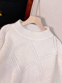 Franclia Women's Autumn Dropped Shoulder Long Sleeve Crochet Hollow Out Stand Collar Sweater - White - View 6