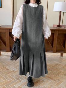 FRIFUL Women's Casual Commuter Pleated Hem Sleeveless Dress Pinafore Dress Drop Waist Dress Pleated Dress Gray Dress Jumper Dress